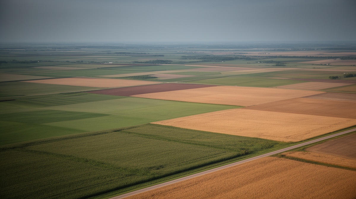 Aerial view of a patchwork of crop fields stretching to the horizon