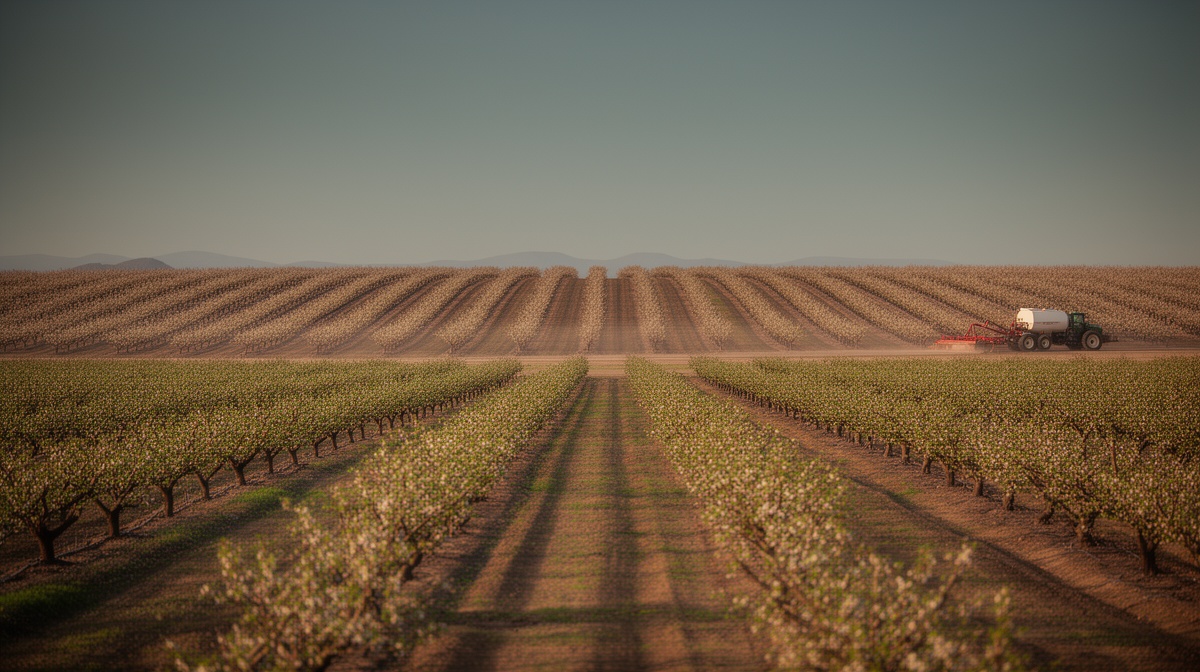 Rows of blossoming orchard trees in a California valley with a tractor in the distance