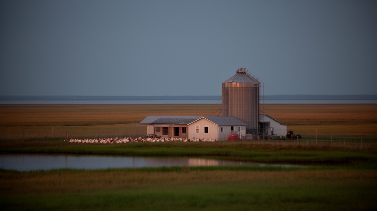 Poultry farm and grain bin on the flat Delmarva coastal plain at dusk