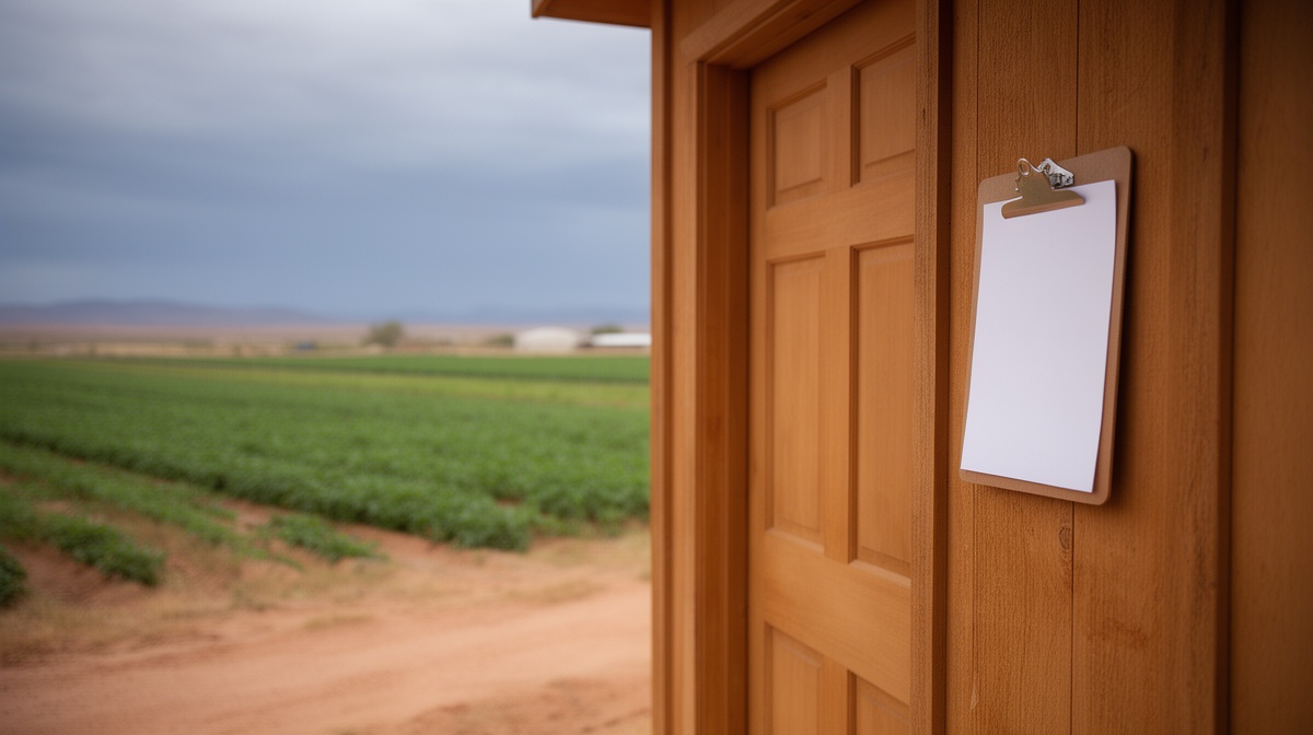 Closed farm office door with an empty clipboard hanging beside it