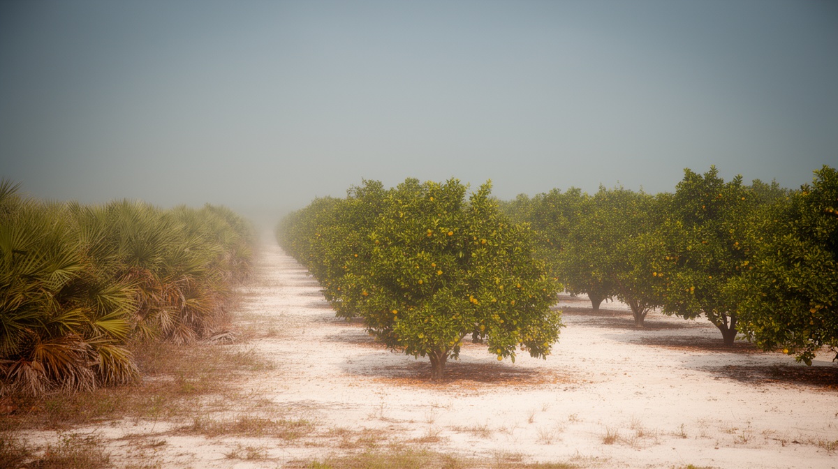 Rows of citrus trees on sandy soil in a Florida grove on a misty morning