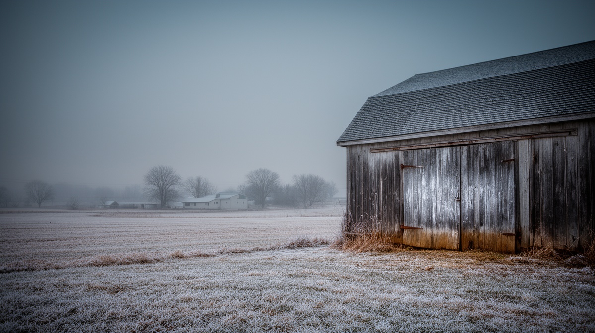 Weathered wooden barn beside a frost-covered field on a grey winter morning