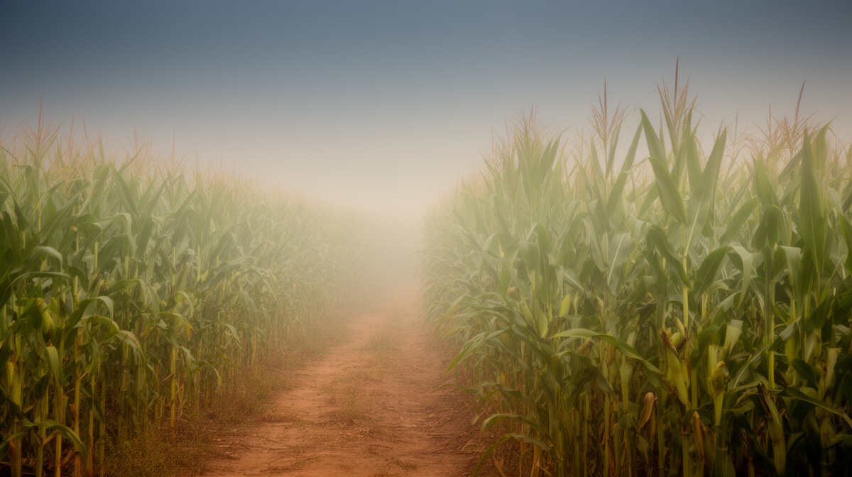 Tall summer corn on both sides of a dirt farm track in early-morning haze