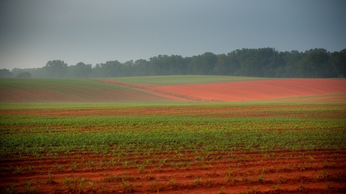 Bands of red clay soil and young crops in North Carolina farmland