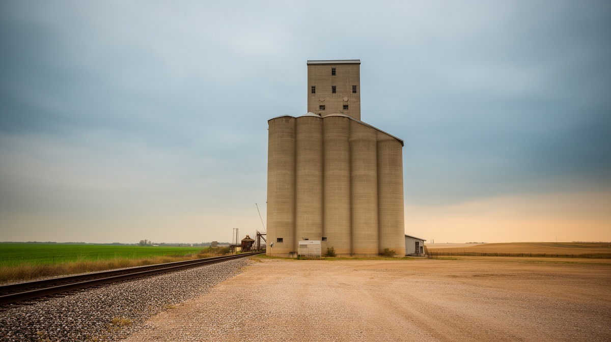 Concrete grain elevator beside a railway line in rural Ohio