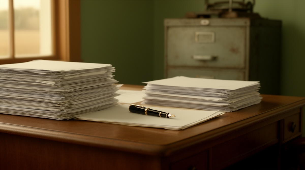 Stacks of paper forms and a fountain pen on an office desk beside a metal filing cabinet