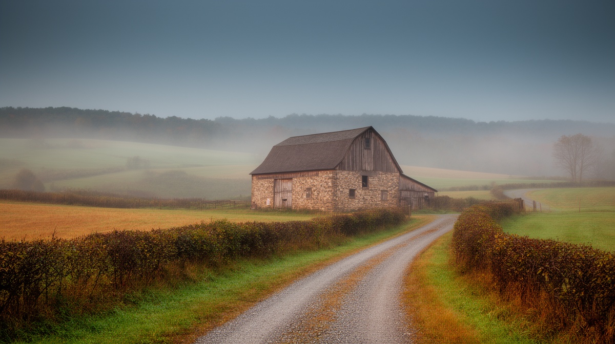Stone barn beside a gravel lane through misty Pennsylvania farmland