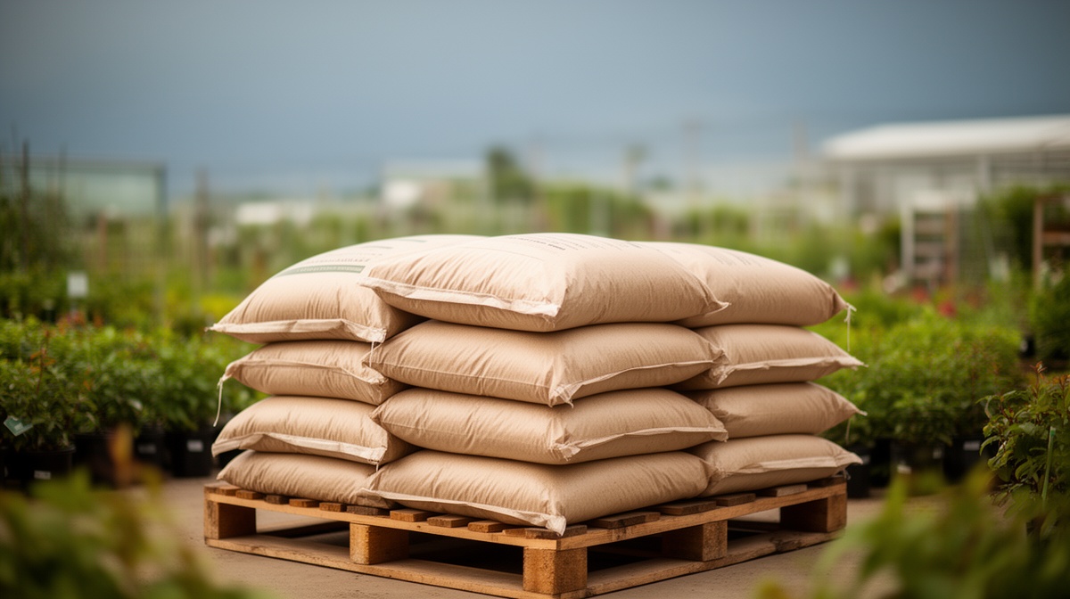 Stacked fertilizer sacks on a wooden pallet at a garden centre