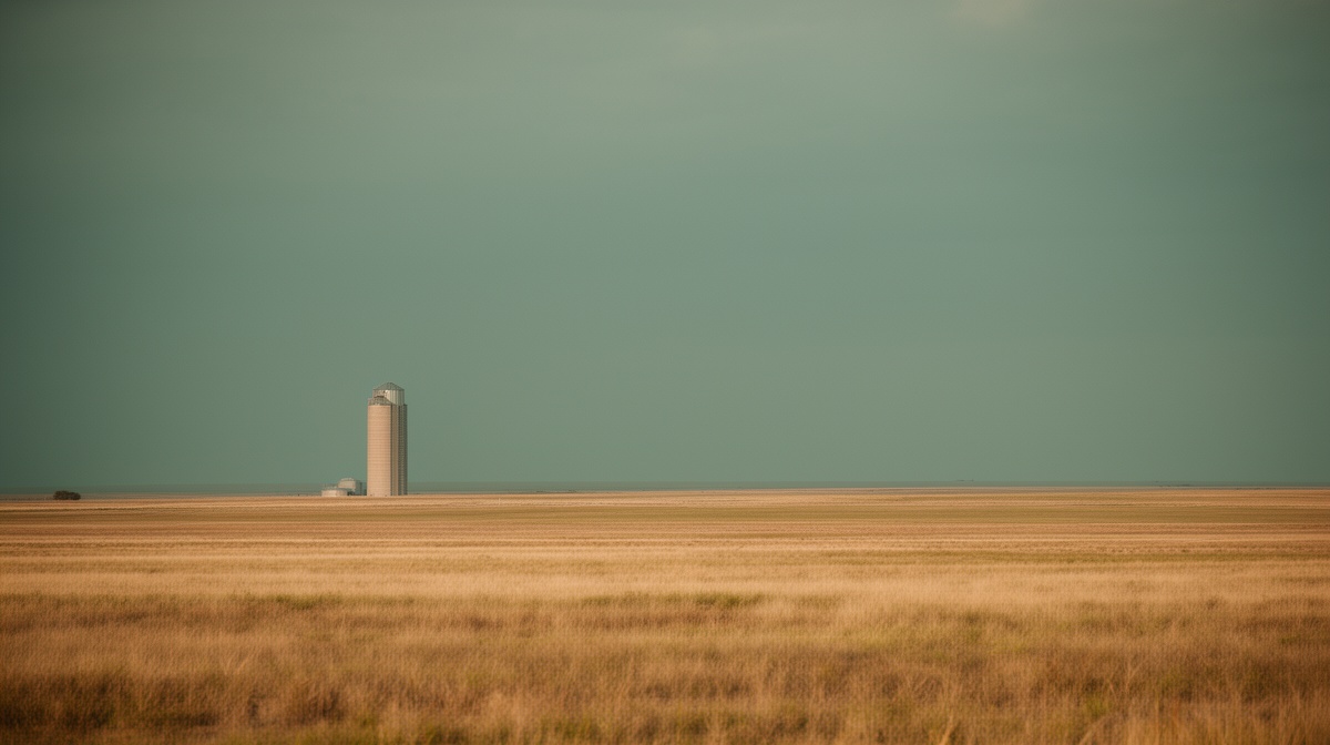 Lone grain silo on the edge of wide golden Texas plains