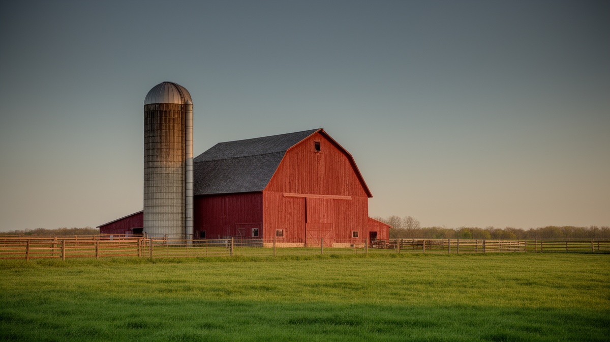 Red barn and silo on green Wisconsin pasture under an evening sky